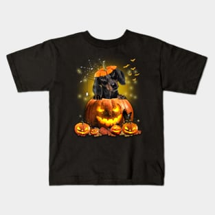 Black Dachshund Spooky Halloween Pumpkin Dog Head Kids T-Shirt